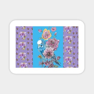 Blue Purple Budgie and Rose Flower Pattern Magnet