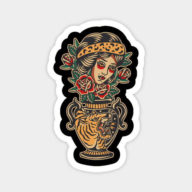 Women Flower Vase Traditional Tattoo Magnet by Abrom Rose