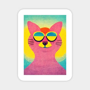 Hippie Cat Retro Poster Vintage Art Cat Wall Blue Pink Illustration Magnet