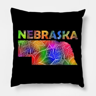 Colorful mandala art map of Nebraska with text in multicolor pattern Pillow