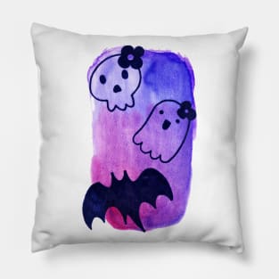 Skull Ghost and Bat Watercolor Pillow