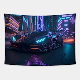 Dark Neon City Sports Car Tapestry