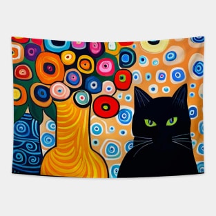 Black Cat Still Life Painting with Flowers in Vase Tapestry