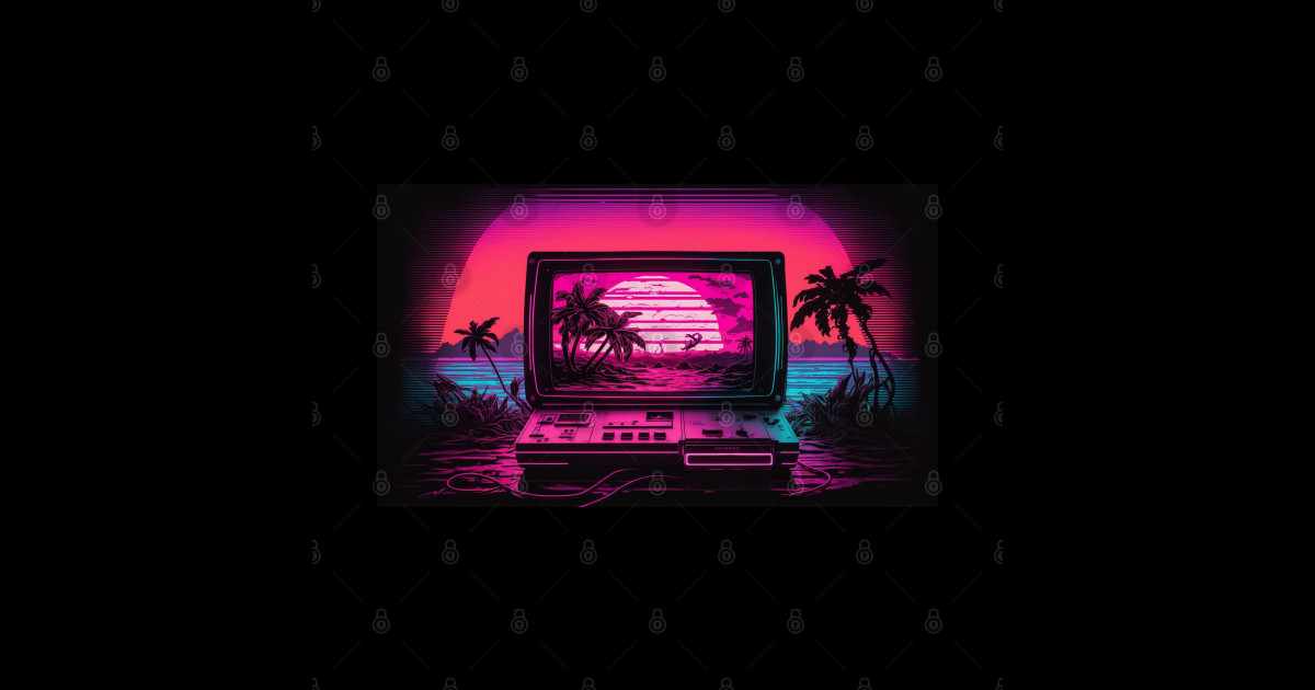Retro Computer Synthwave Sun - Synthwave Colors - Sticker | TeePublic