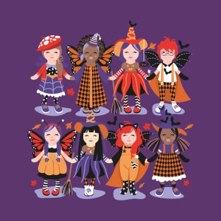 Witches dance // spot illustration // lilac background red orange and purple halloween fantasy costumes T-Shirt