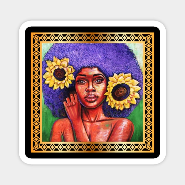 Beautiful African Woman with Sun Flowers Magnet by logiamerch