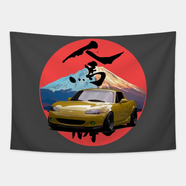 Yellow Mazda Miata/MX-5 - Mount Fuji Jinba Ittai Roadster Life Tapestry by mudfleap