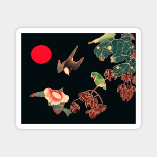 BIRDS,FLOWERS,LEAVES AND RED SUN IN BLACK, Japanese Dark Floral Magnet