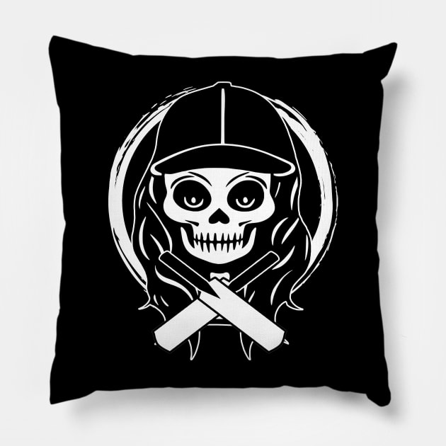 Female Cricketer Skull and Cricket Bats White Logo Pillow by Nuletto