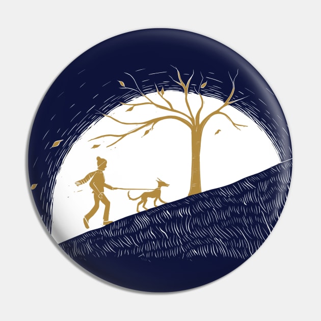 Whippet Dog Walker Sunset Linocut in deep blue and gold Pin by Maddybennettart