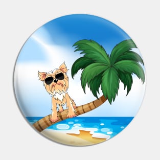 Yorkshire Terrier Dog Wearing Sunglasses on Palm Beach during Summer Pin