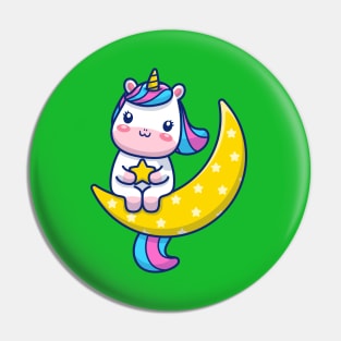 Cute Unicorn Sitting On Moon With Star Cartoon Pin