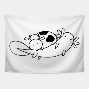 Axolotl and Tiny Cow - White and Black Line Tapestry