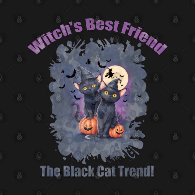 Two cute black cats with witch and cool hat for Halloween season, watercolor style by Collagedream