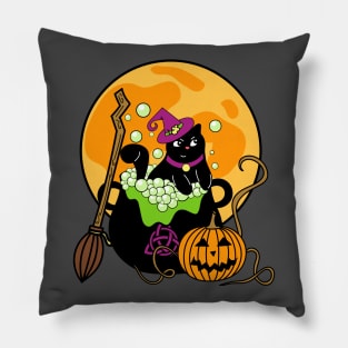 Witch Cat with Broomstick and Cauldron for Halloween Pillow