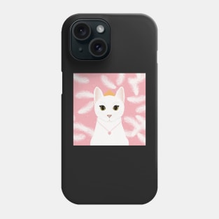 The cute white cat queen is watching you , white feathers and small kitten footsteps in the pink background Phone Case