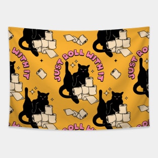 Roll with it Black Cat Pattern in yellow Tapestry