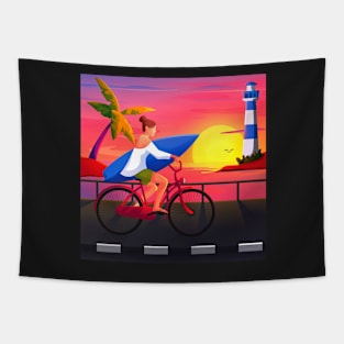 Girl Riding Bicycle on Beach Tapestry