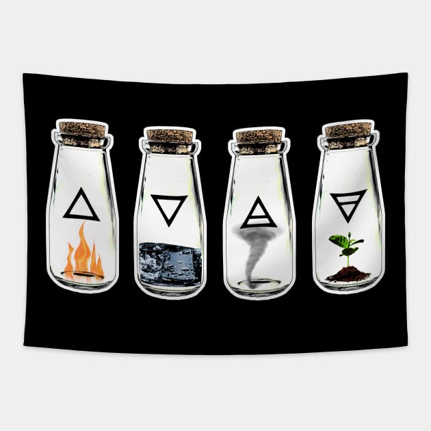 The 4 Symbols of the Elements: Earth, Wind, Water, and Fire - Nature in a Bottle Tapestry by Occult Designs