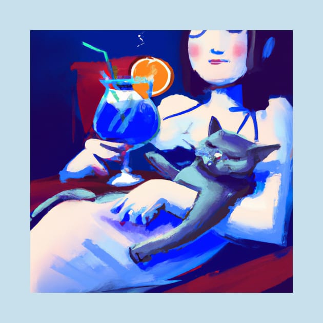 Vacation Lady Loves a Good Cocktail and Her Blue Cat by Star Scrunch