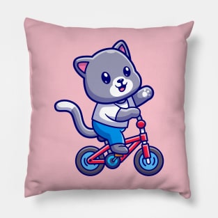 Cute Cat Riding Bicycle With Waving Hand Cartoon Pillow