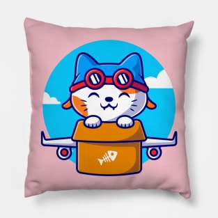 Cute Cat Flight With Cardboard Plane Cartoon Pillow