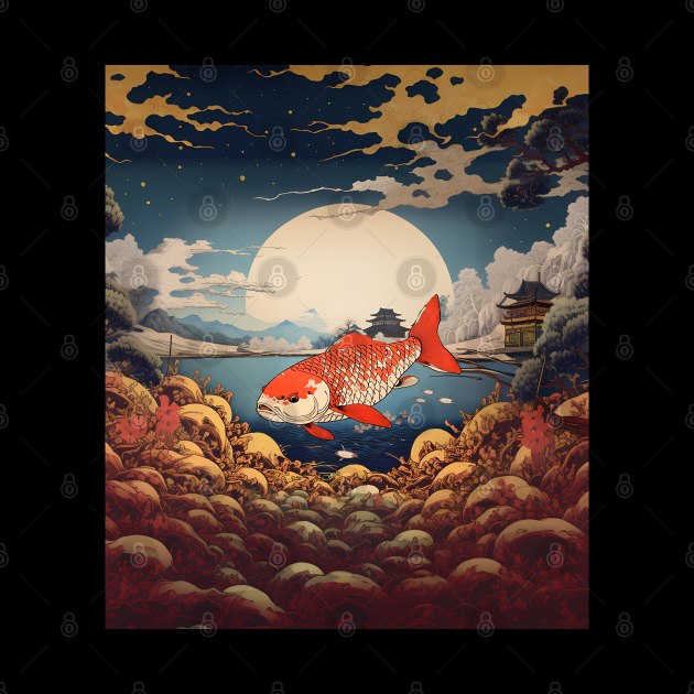 Majestic Koi: Prosperity, Good Luck, and Beauty on a Dark Background by Puff Sumo