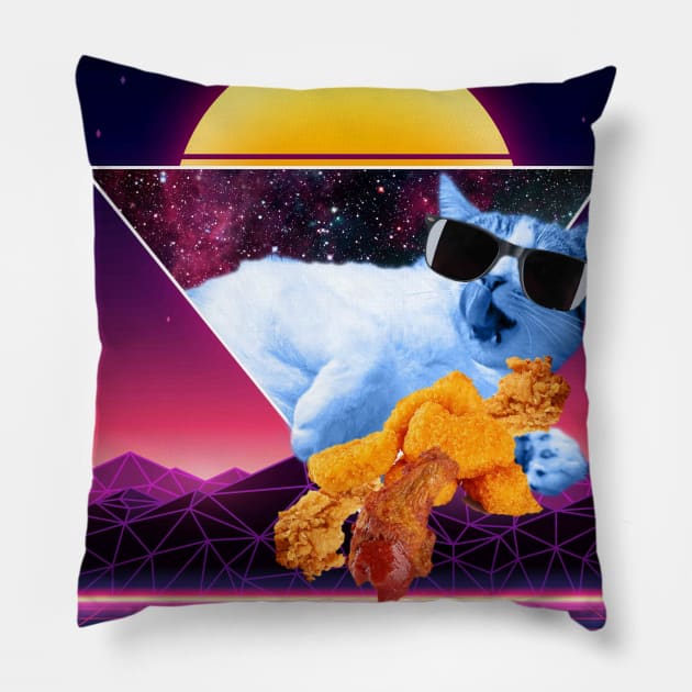 Aesthetic Synthwave Cat Fried Chicken Pillow by Random Galaxy