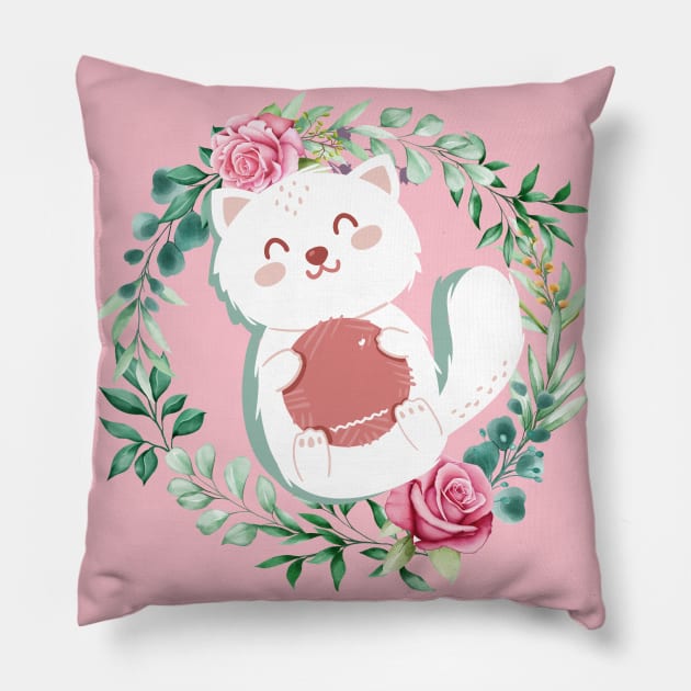 Cute Cat With Flowers and pink background Pillow by AwesomeDesignArt