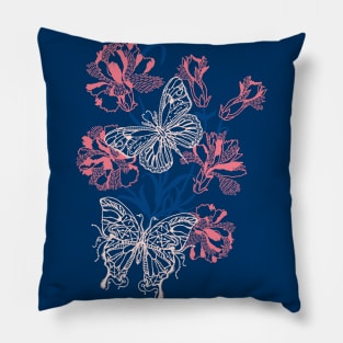 Blue and Pink Butterflies and Flowers Pillow