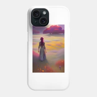 Cute Anime Girl in Field of Red Flowers & Trees Phone Case