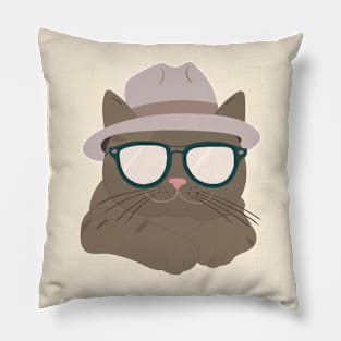 Chic Tabby: Minimalist Cat Art with Grey Hat & Sunglasses Pillow