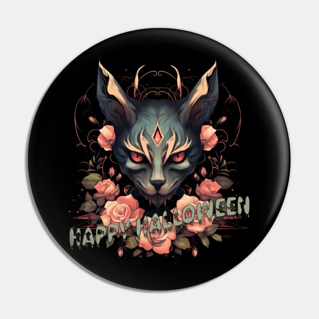 Malevolent Meow: Happy Halloween Evil Cat Design Pin by Tiessina Designs