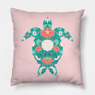 Floral sea turtle - turquoise and coral pink palette Pillow