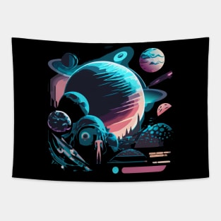 a sci-fi t-shirt design inspired by space exploration and futuristic technology, cosmic imagery, futuristic elements, and a dark color scheme for an otherworldly vibe Tapestry