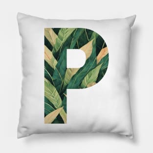 A pattern of vintage tropical leaves filling the letter p Pillow