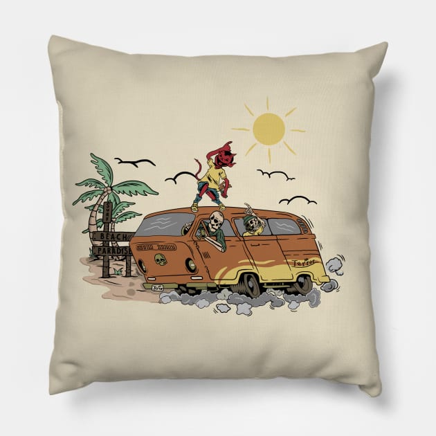 Surfing Paradise Beach Pillow by FyanWorkSpace