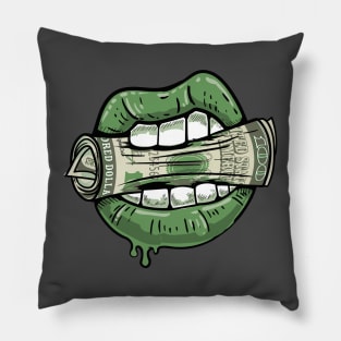 Lips bite dollar bill Pillow
