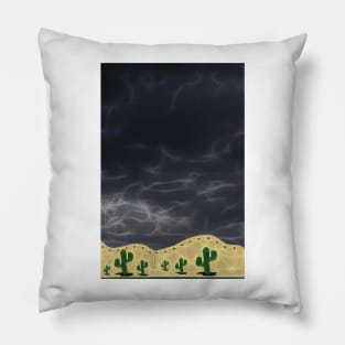 very black rain filled sky with a few stylized cactus plants Pillow