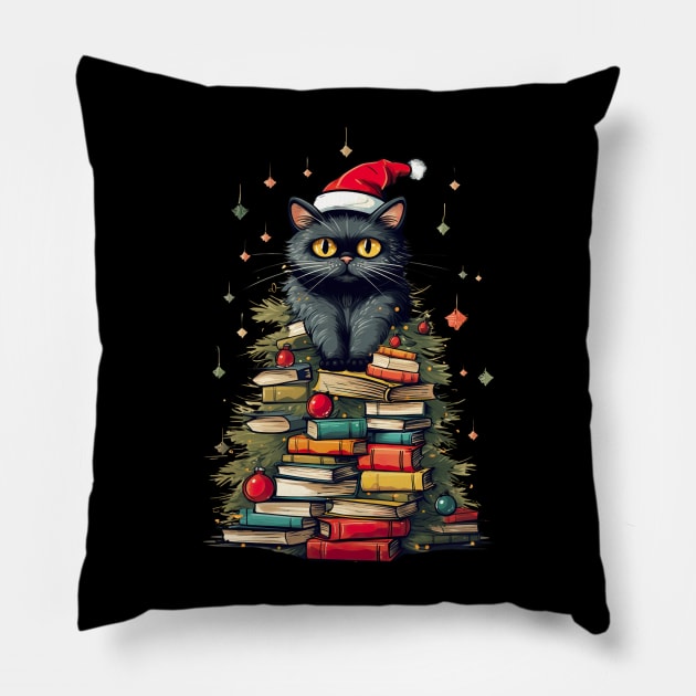 Christmas Cat Books Tree watercolor Pillow by AliZaidzjzx