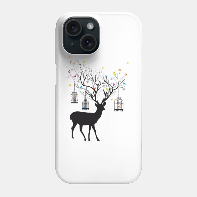 Deer with birds and birdcages Phone Case by beakraus