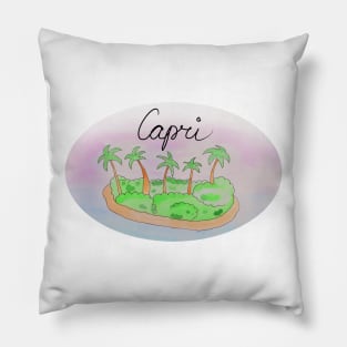 Capri watercolor Island travel, beach, sea and palm trees. Holidays and vacation, summer and relaxation Pillow