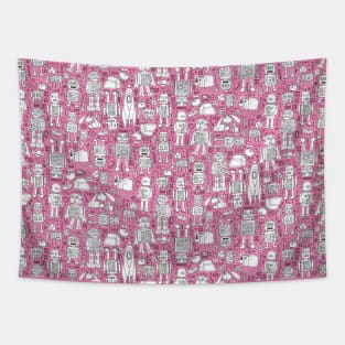 Robots in Space pattern - pink and white Tapestry