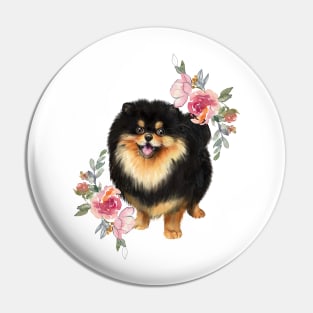 Cute Black Pomeranian Dog with Flowers Watercolor Art Pin