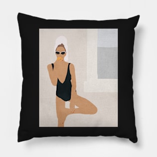 Girl, Summer morning, Boho style art, Mid century art Pillow