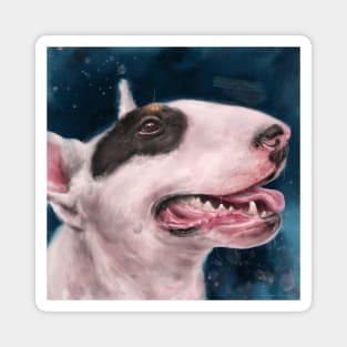 Painting of a Bull Terrier With Black Spot on Eye and Tongue Out on Dark Blue Background Magnet