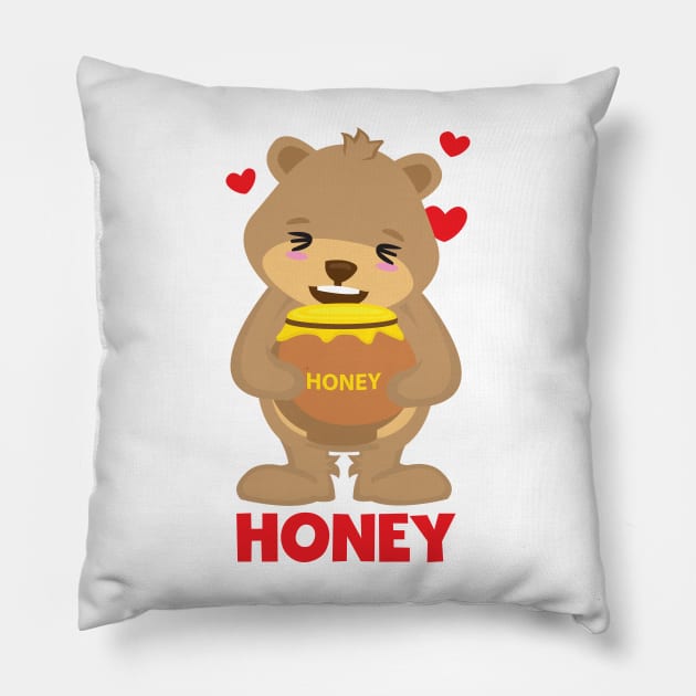 Happy cute kawaii honey bear with a pot of honey design Pillow by Uncle Fred Design