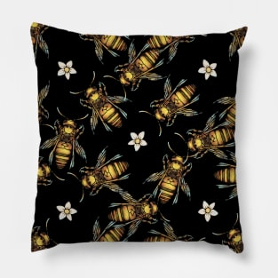 Bees And Flowers On Black Pattern Pillow