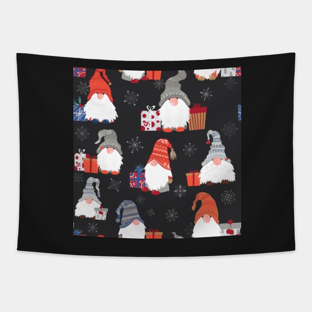 Christmas Gnomes with Snowflakes and Presents on Dark Grey Tapestry by NattyDesigns