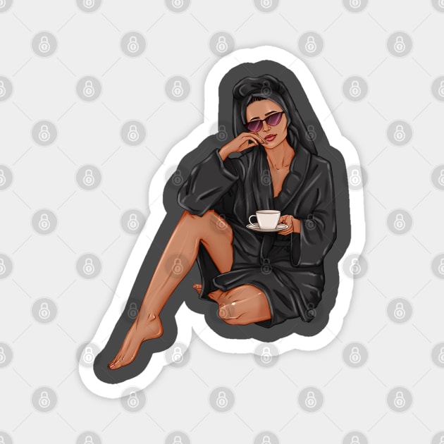 woman with cup of tea in black spa robe Magnet by ArctiumStudio